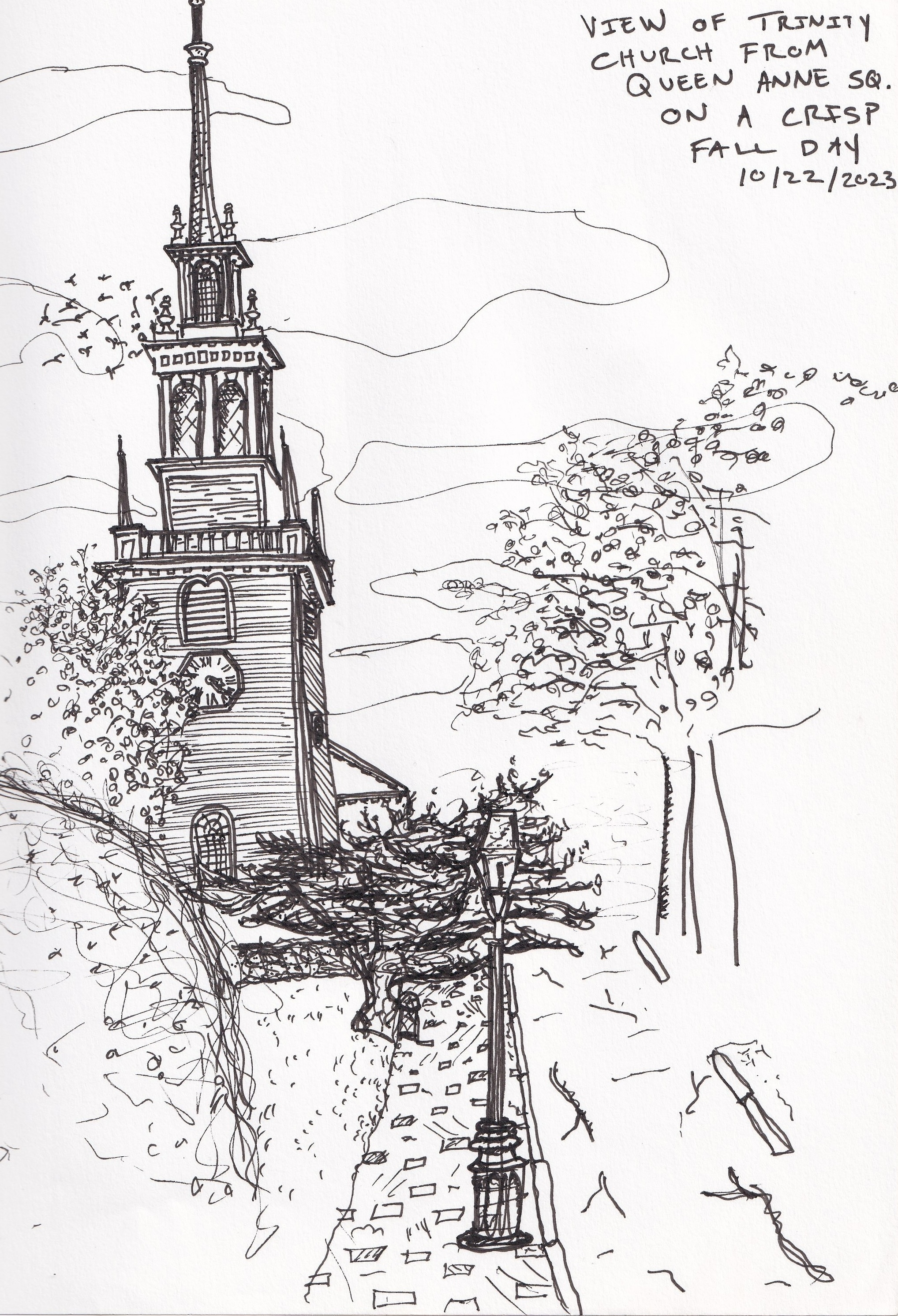 view of trinity church from queen anne square on a crisp fall day